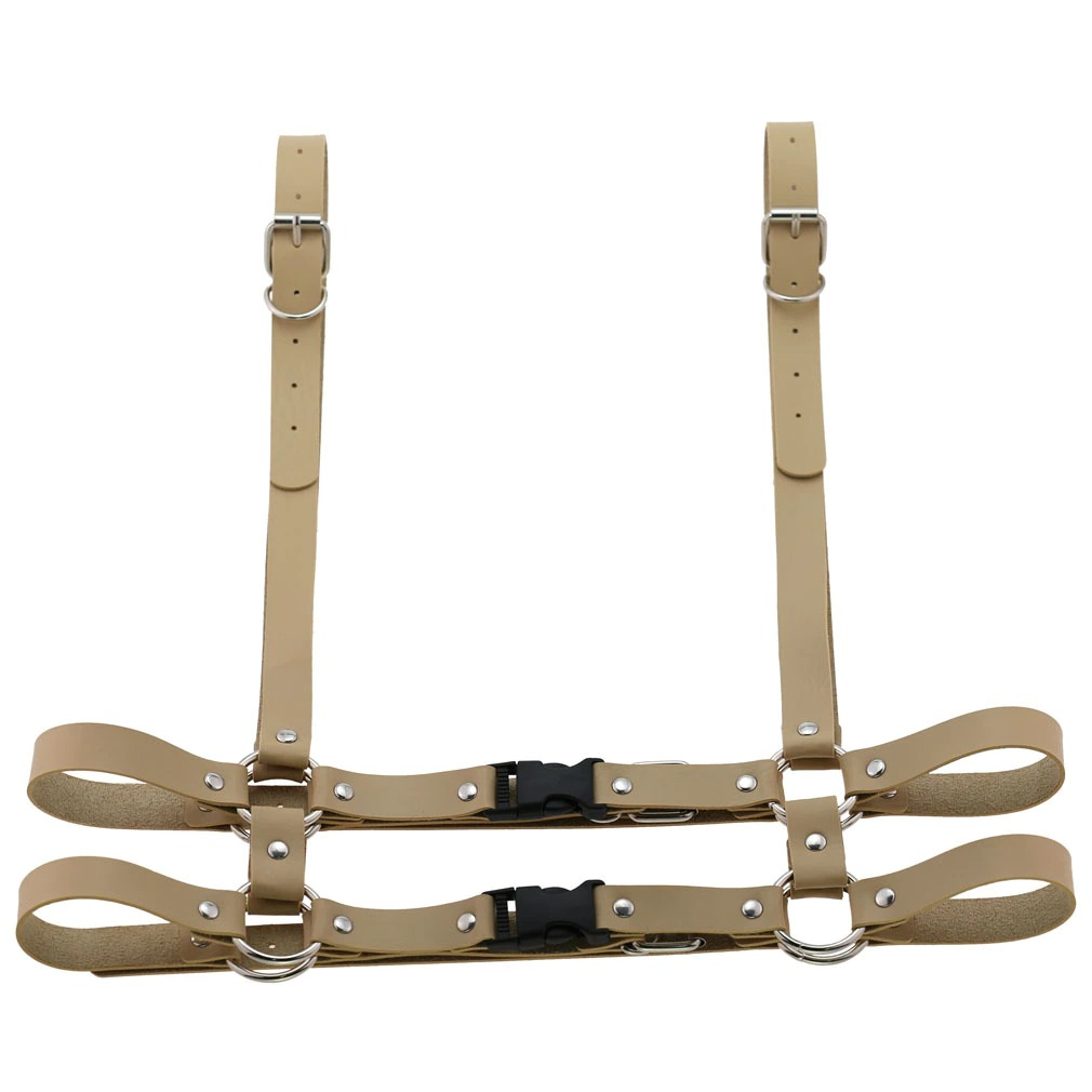 Gothic punk leather body harness for women, adjustable chest width, stylish accessory for edgy looks.