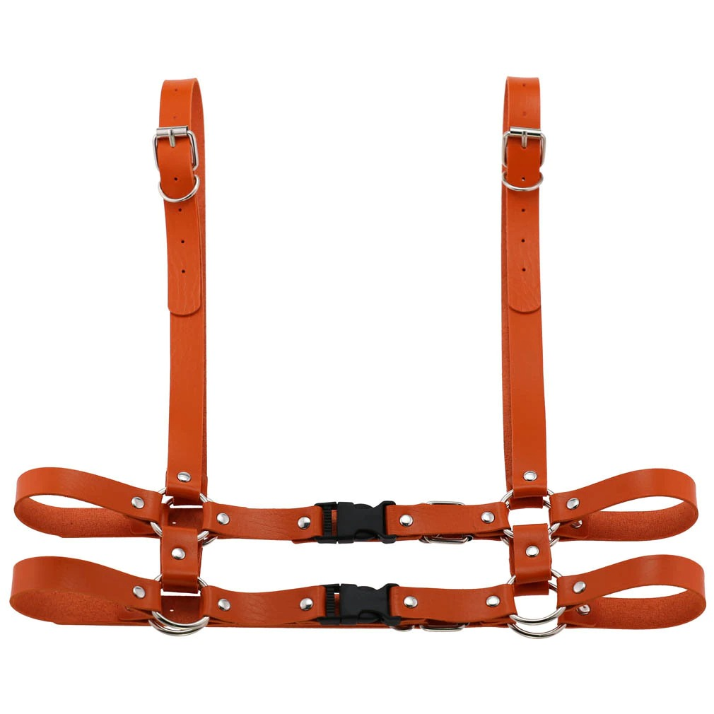 Gothic Punk leather body harness in orange, adjustable and stylish for women, perfect for Harajuku look.