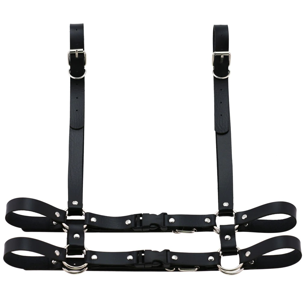 Gothic punk leather body harness for women, adjustable shoulder-to-waist design with zinc alloy details.