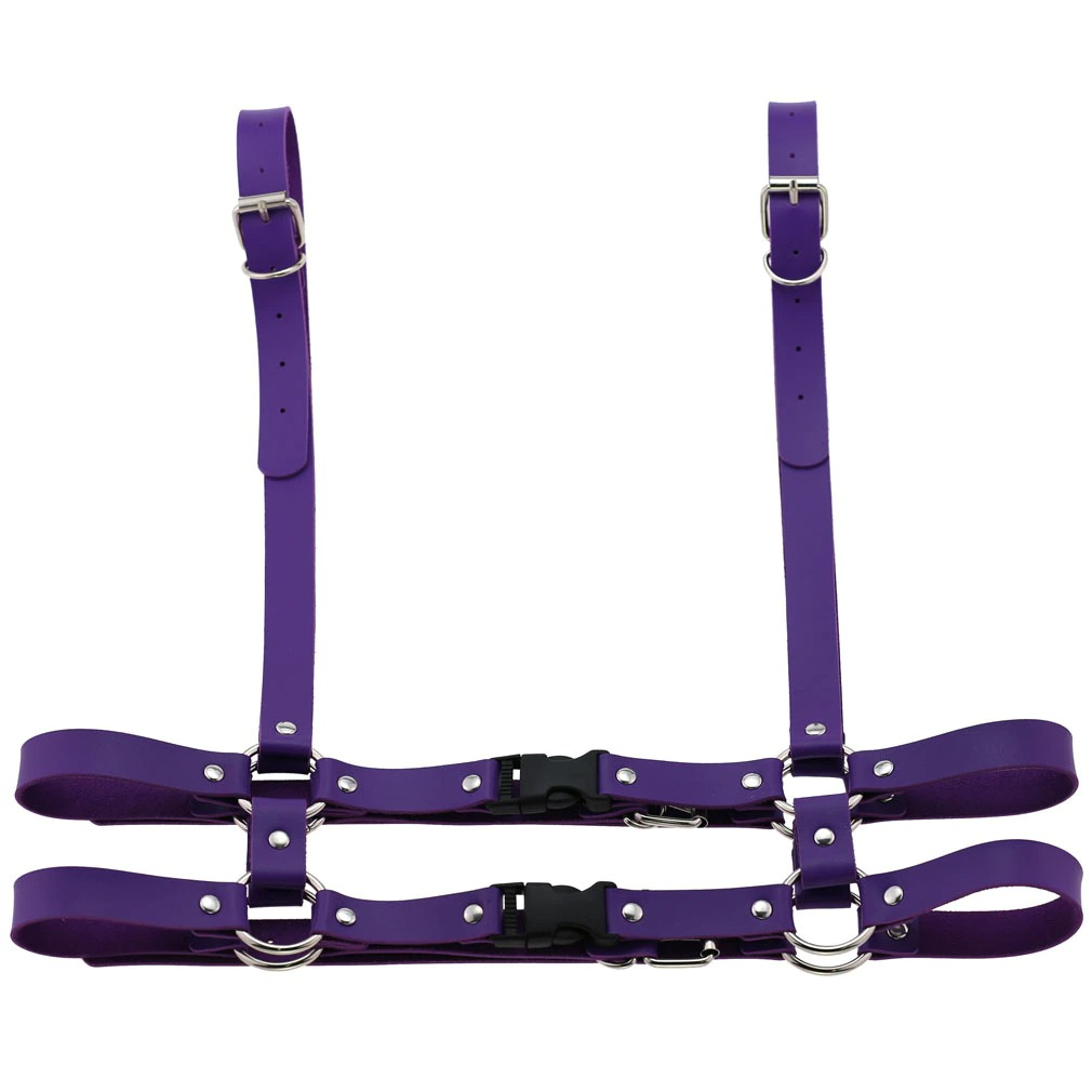 Gothic punk purple leather body harness for women featuring adjustable straps and zinc alloy details.