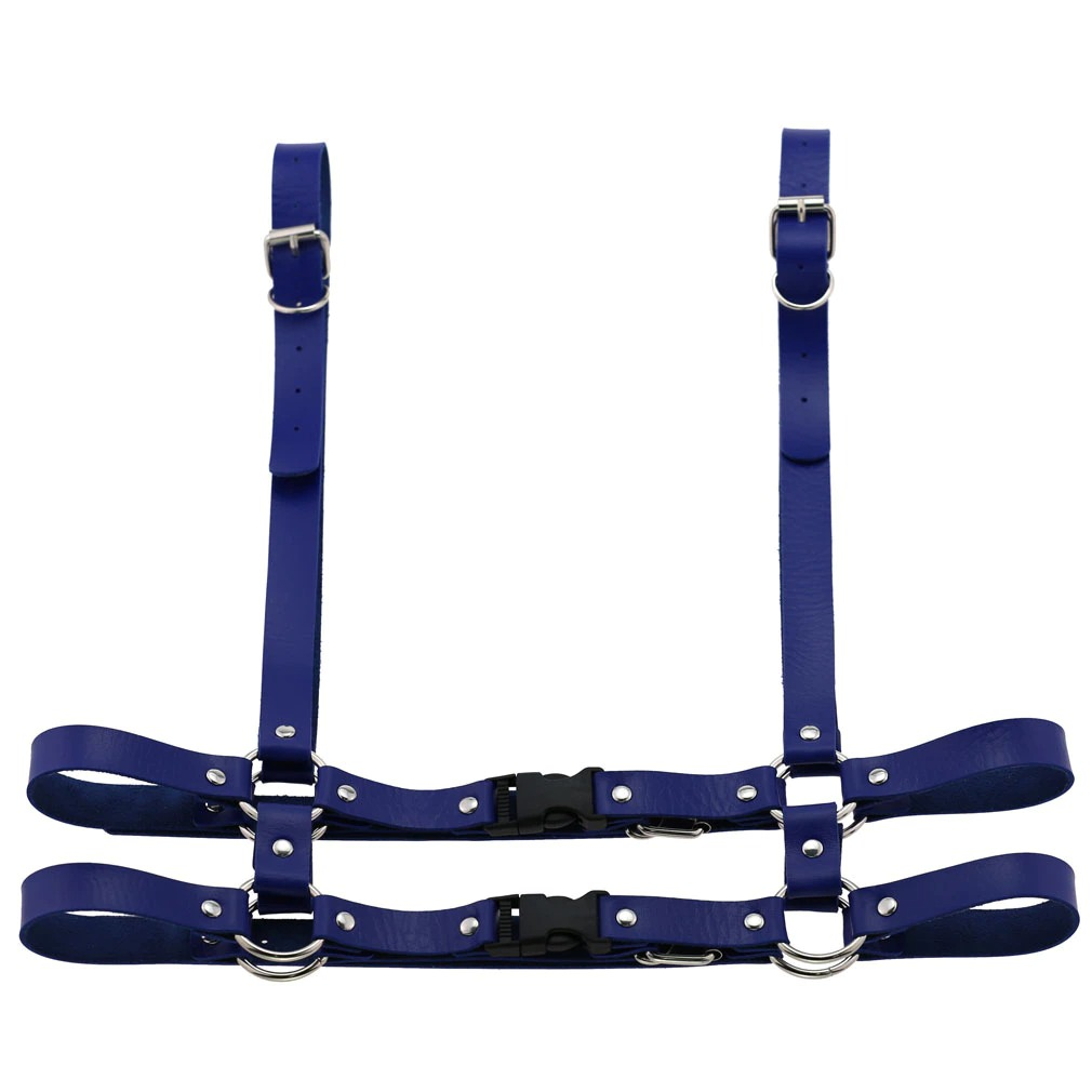 Gothic punk blue leather body harness for women with adjustable straps and zinc alloy details.