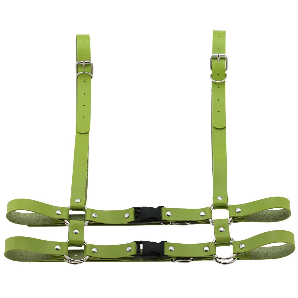 Gothic punk leather body harness in vibrant green for women, adjustable and stylish accessory for diverse looks.