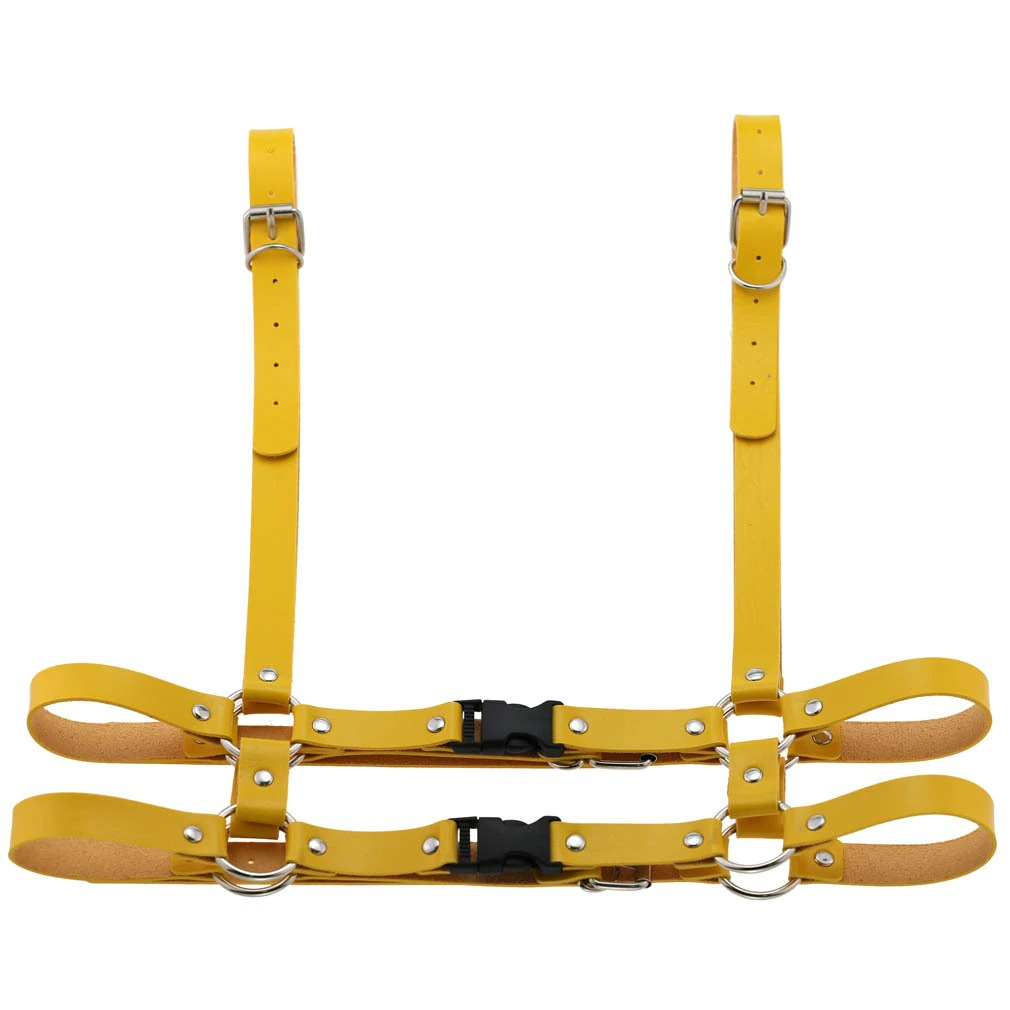 Gothic punk leather body harness for women in vibrant yellow, adjustable from 75 to 93cm, perfect for edgy outfits.