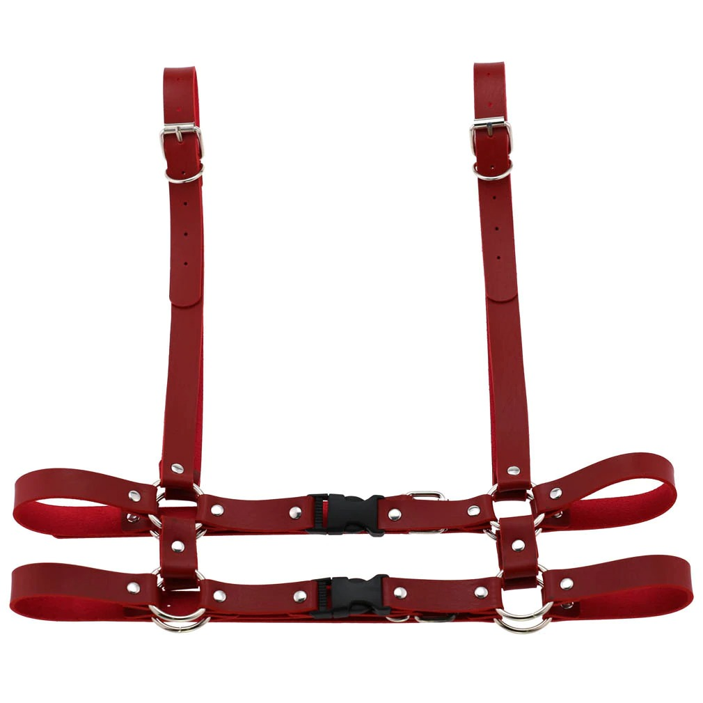 Gothic punk leather body harness in red; adjustable for perfect fit, ideal for Harajuku style and bold fashion statements.