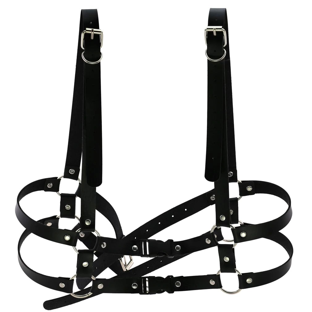 Gothic punk leather body harness for women with adjustable straps and zinc alloy details, perfect for edgy outfits.