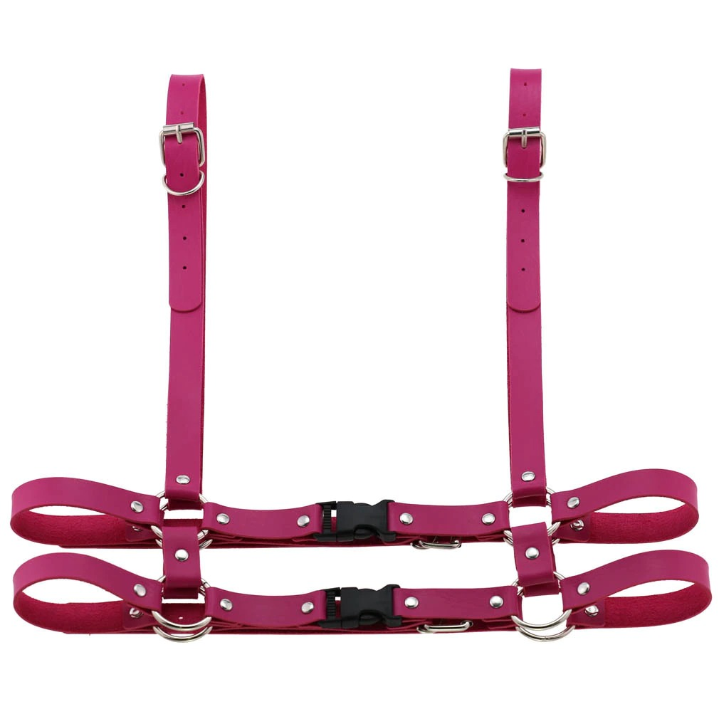 Gothic punk leather body harness for women in bright pink, featuring adjustable straps and zink alloy details.