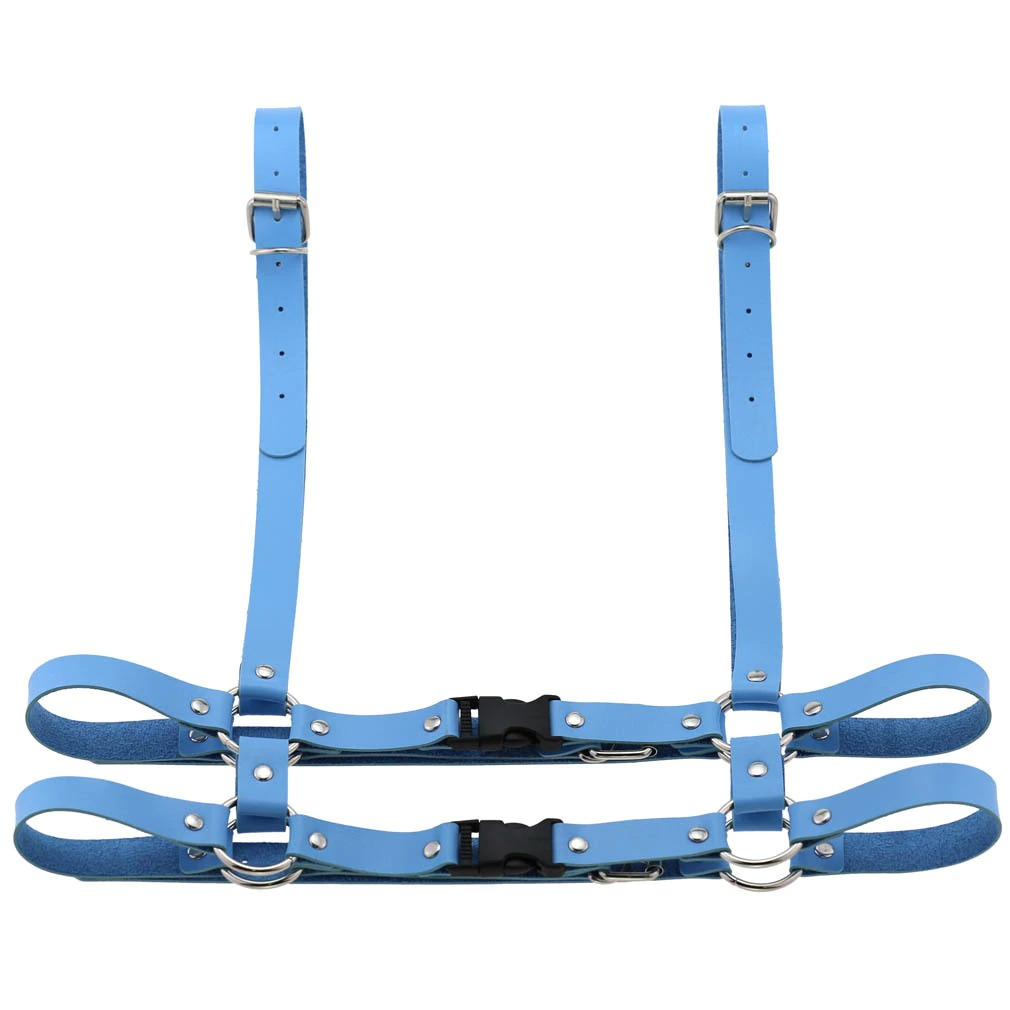 Bright blue Gothic punk leather body harness for women, adjustable and stylish, perfect for unique outfits.