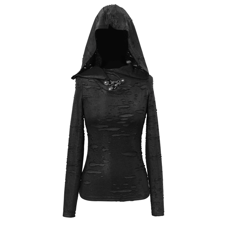 Gothic Punk Long Sleeves Hodie with Rips / Female Oversized Hood Top with Decoration - HARD'N'HEAVY