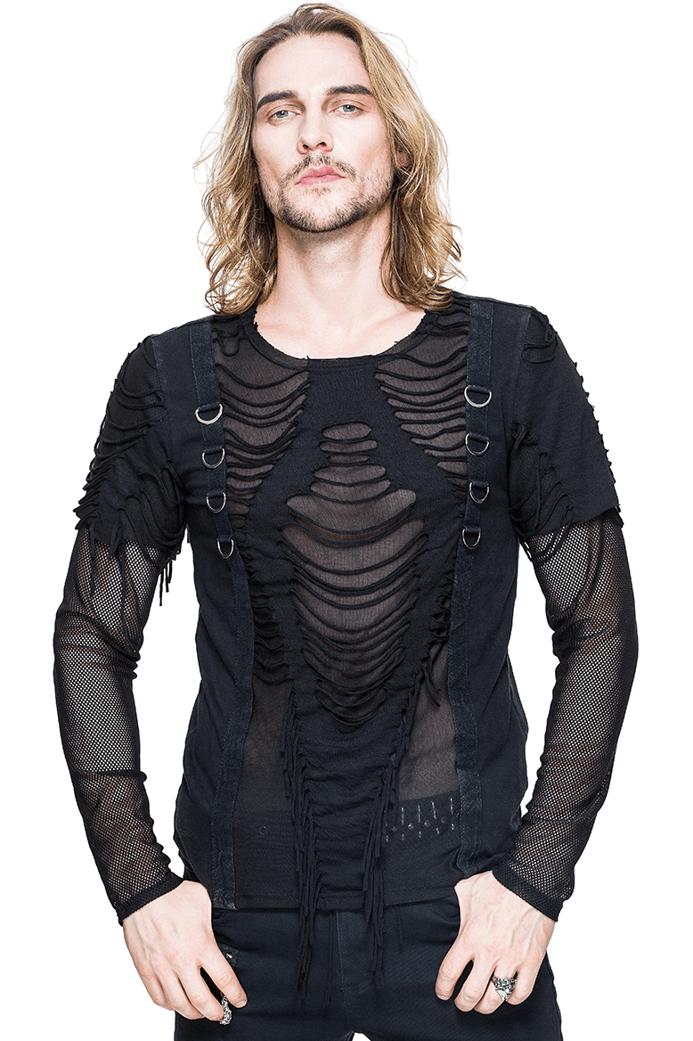 Gothic Punk Long Sleeves Ripped Top / Male Semi-Transparent Top With Mesh Sleeves - HARD'N'HEAVY