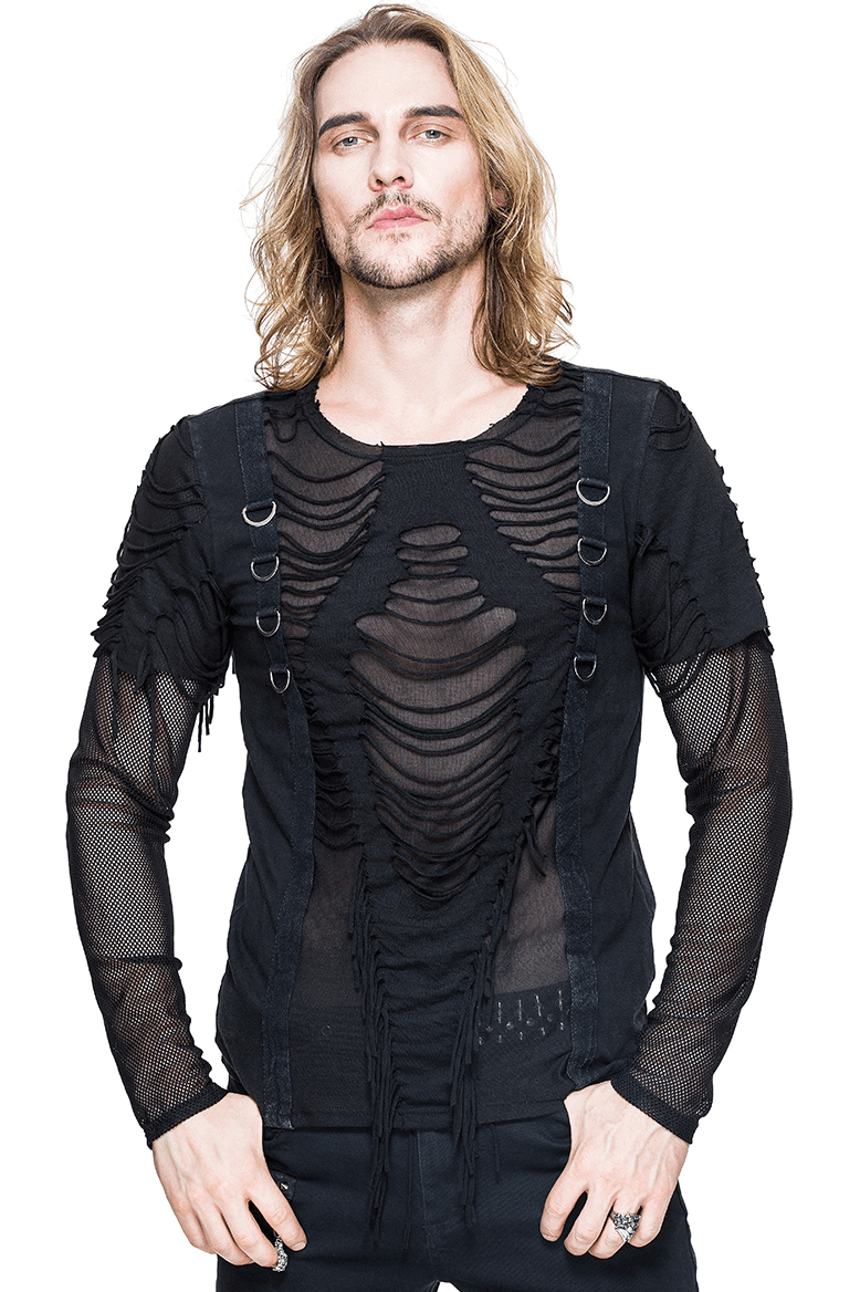 Men's black gothic punk long sleeve top with ripped and mesh sleeves, perfect for a trendy statement look.
