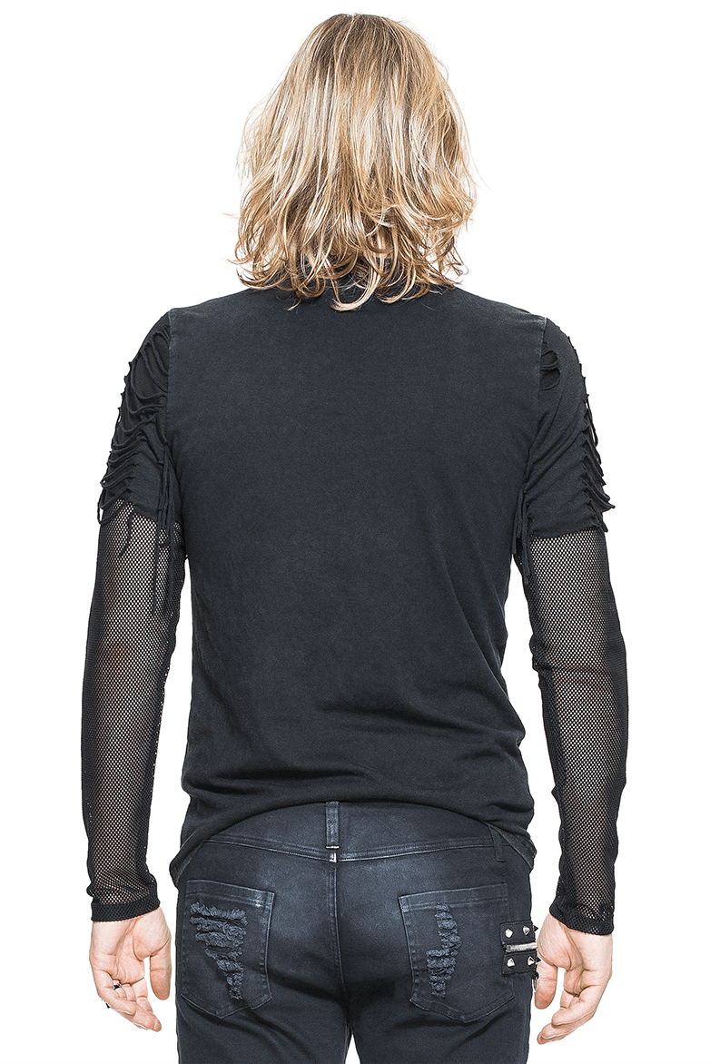 Gothic Punk Long Sleeves Ripped Top / Male Semi-Transparent Top With Mesh Sleeves - HARD'N'HEAVY