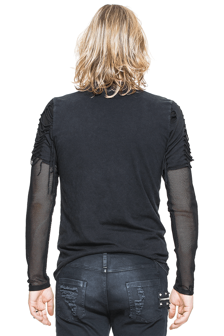 Back view of a men's gothic punk long sleeve top with ripped sleeves and mesh detailing in black.