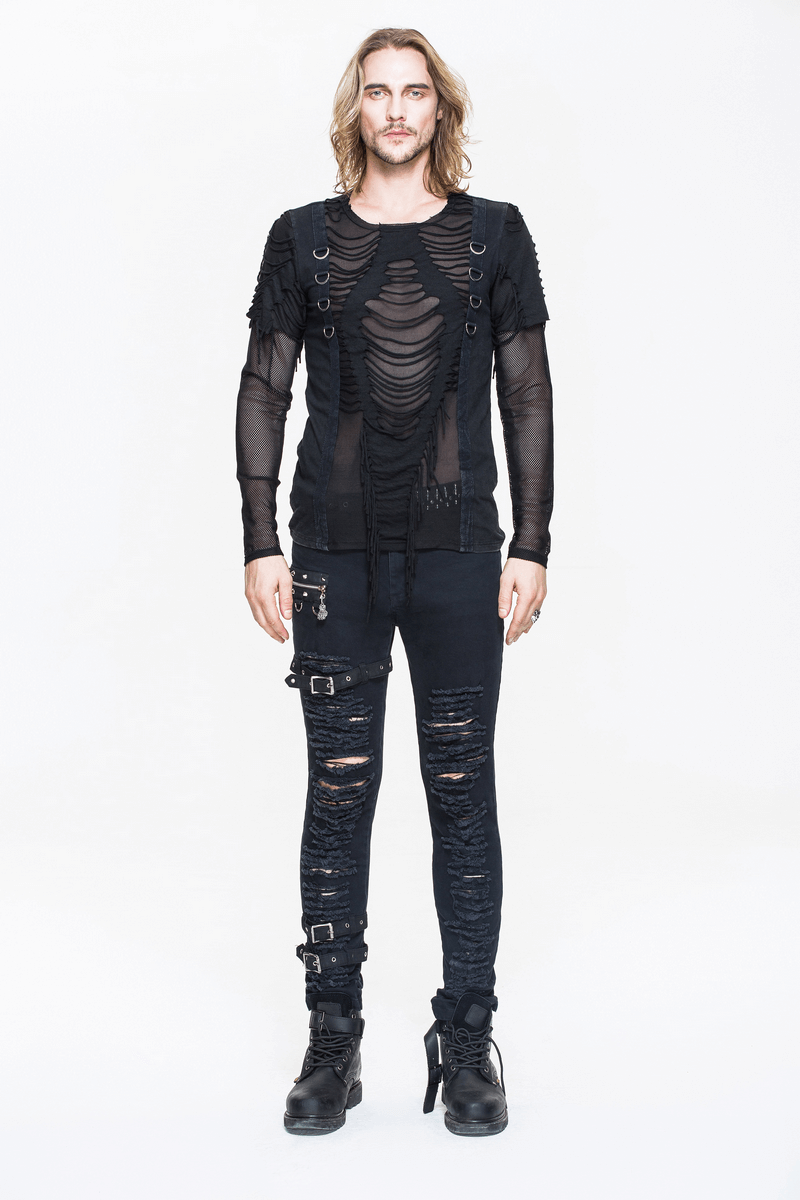 Trendy gothic punk long sleeves ripped top for men, stylish black semi-transparent design with mesh sleeves.