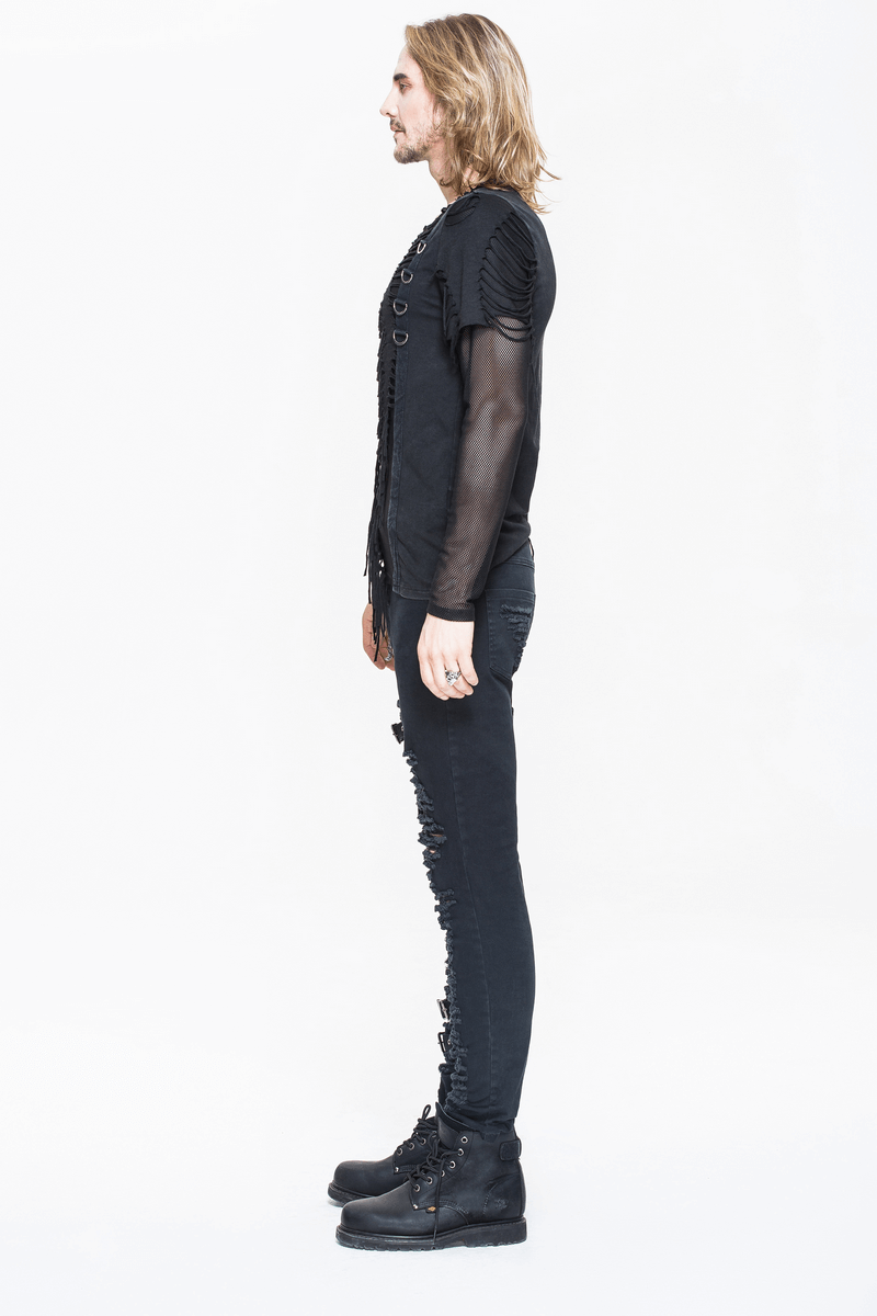 Gothic Punk Long Sleeves Ripped Top / Male Semi-Transparent Top With Mesh Sleeves - HARD'N'HEAVY