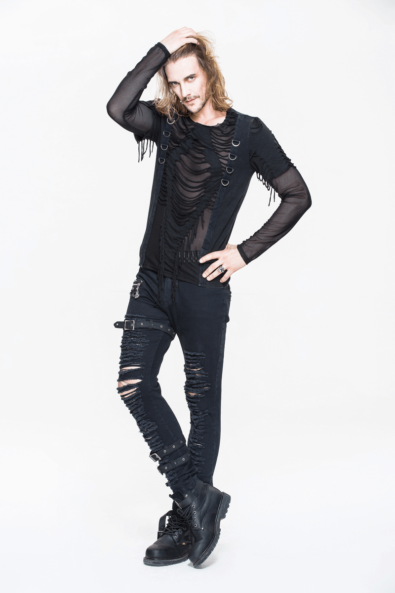 Men's Gothic punk long sleeve with ripped design and mesh sleeves, showcasing trendy punk style in black.