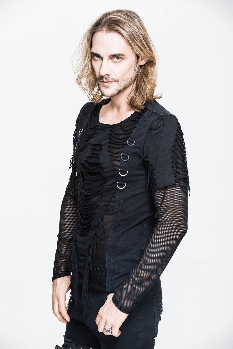 Gothic punk long sleeve men's top with ripped design and semi-transparent mesh sleeves in black.