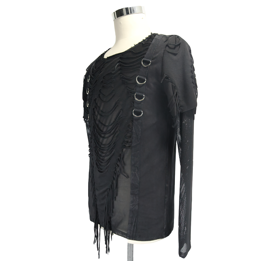 Gothic punk black long sleeve top with ripped design and mesh sleeves, perfect for a trendy menswear look.