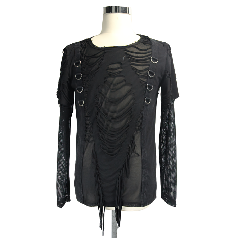 Gothic punk men's black long sleeve top with ripped design and mesh sleeves, perfect for a trendy look.
