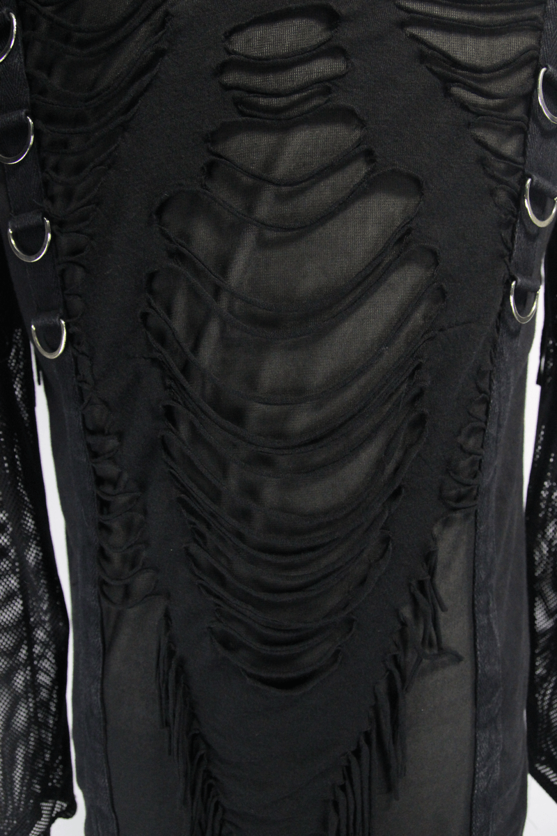 Close-up of gothic punk long sleeve top featuring ripped sections and mesh details in black fabric.