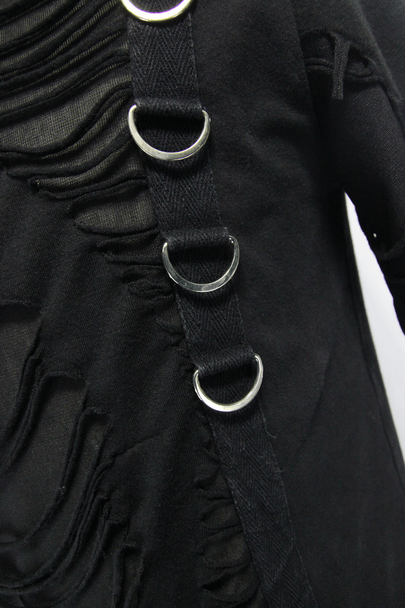 Close-up of gothic punk black long sleeve showing ripped details and silver ring accents for a trendy look.
