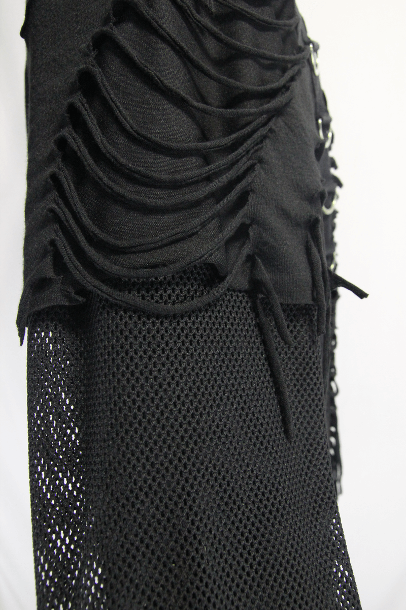 Close-up of a men's gothic punk long sleeve shirt featuring ripped fabric and mesh detailing.