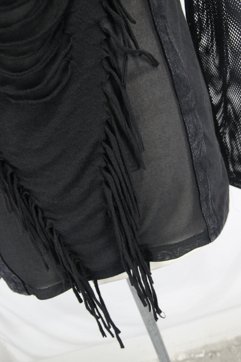 Close-up of a men's black long sleeve top featuring ripped details and semi-transparent mesh sleeves, perfect for punk style.
