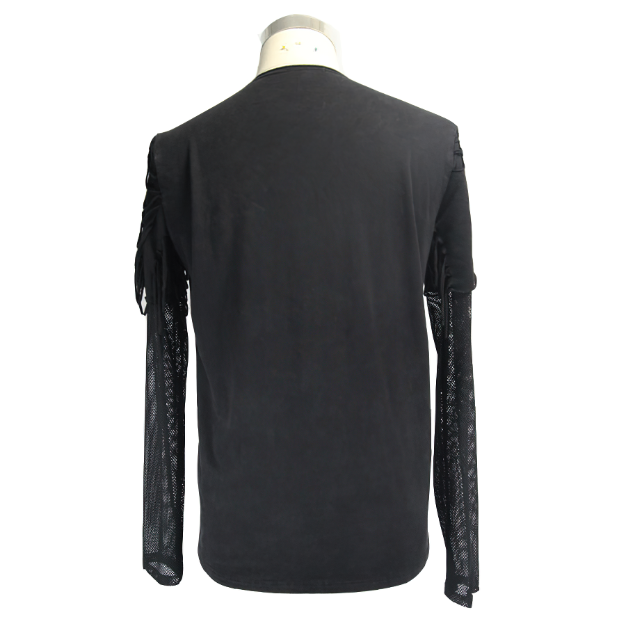 Men's black long sleeve punk top with semi-transparent mesh sleeves and ripped details, stylish and trendy back view.