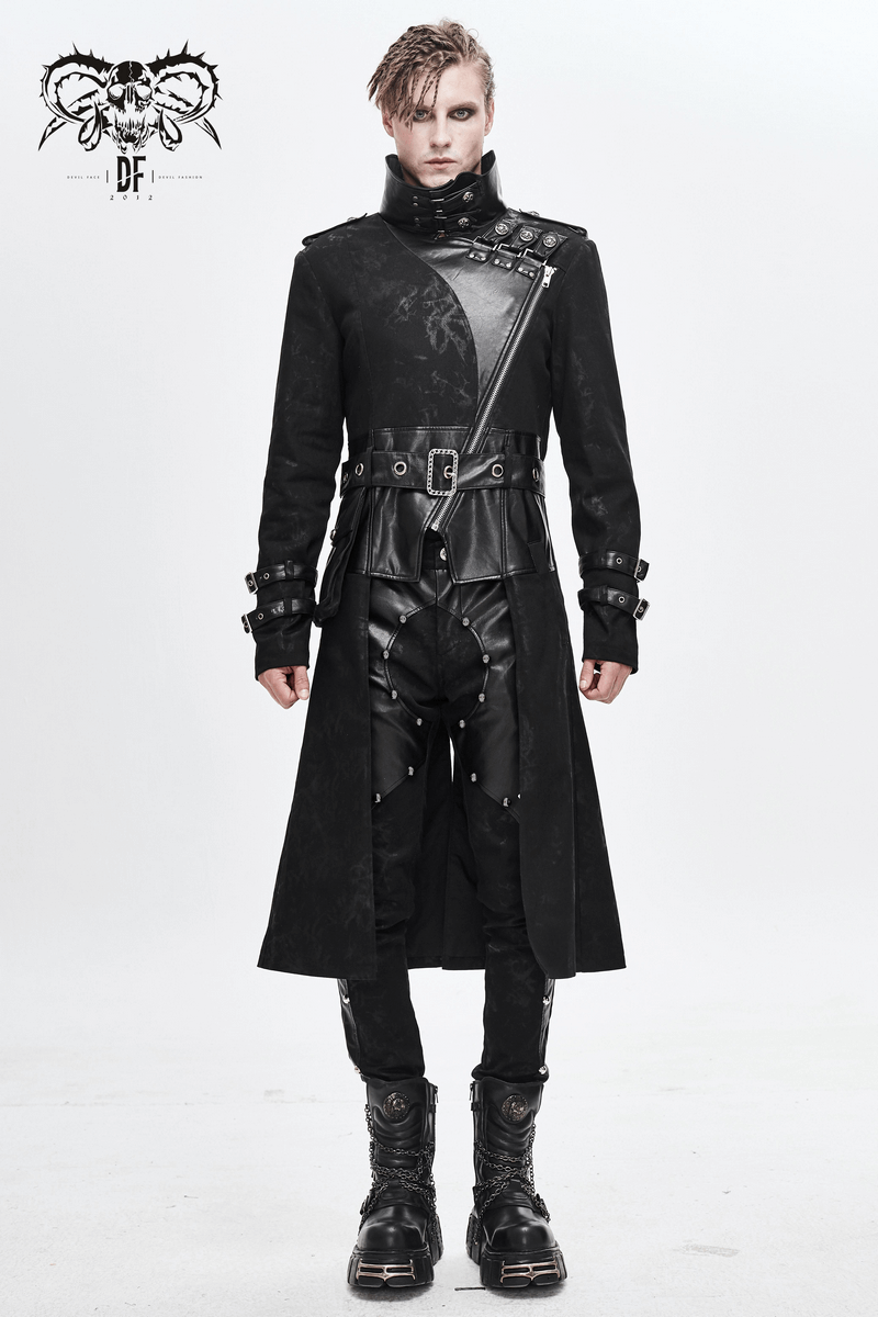 Men's gothic punk long trench coat with asymmetrical design, buckles, and rivets, perfect for bold fashion statements.