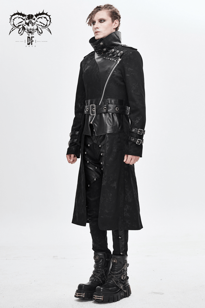 Men's gothic punk long trench coat featuring asymmetrical design, buckles, and rivets, perfect for a bold style.