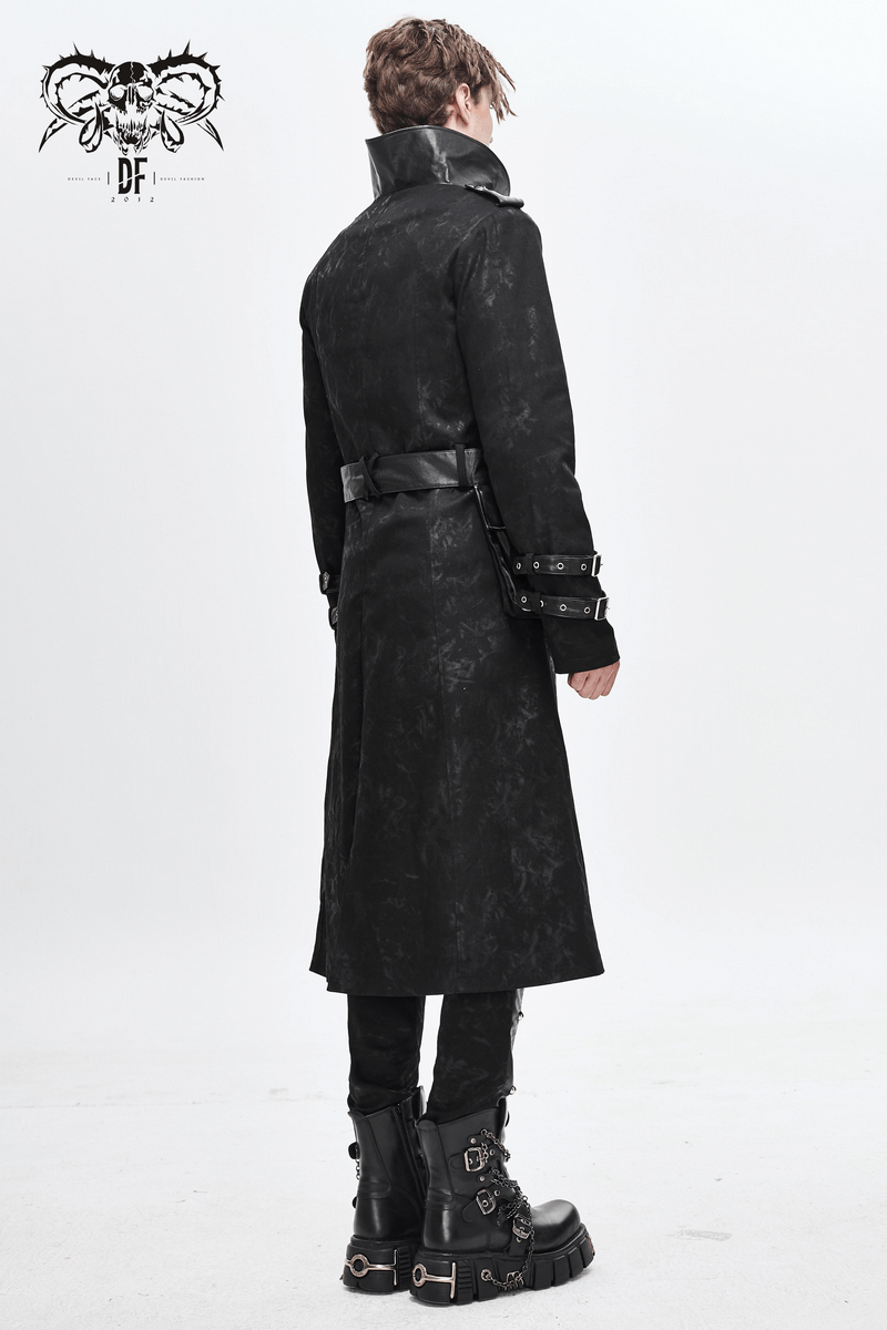 Men's gothic punk black long trench coat with zipper and buckles, showcasing a stylish vintage design.