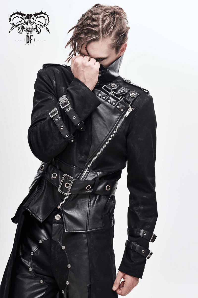 Stylish men's Gothic punk long trench coat featuring silver rivets and unique asymmetrical design.