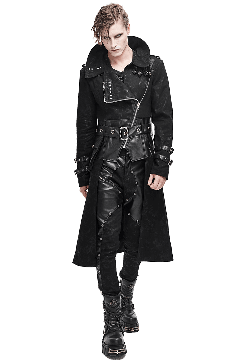 Gothic Punk Long Trench Coat With Pocket / Men's Assymetrical Coat With Zipper and Buckles - HARD'N'HEAVY