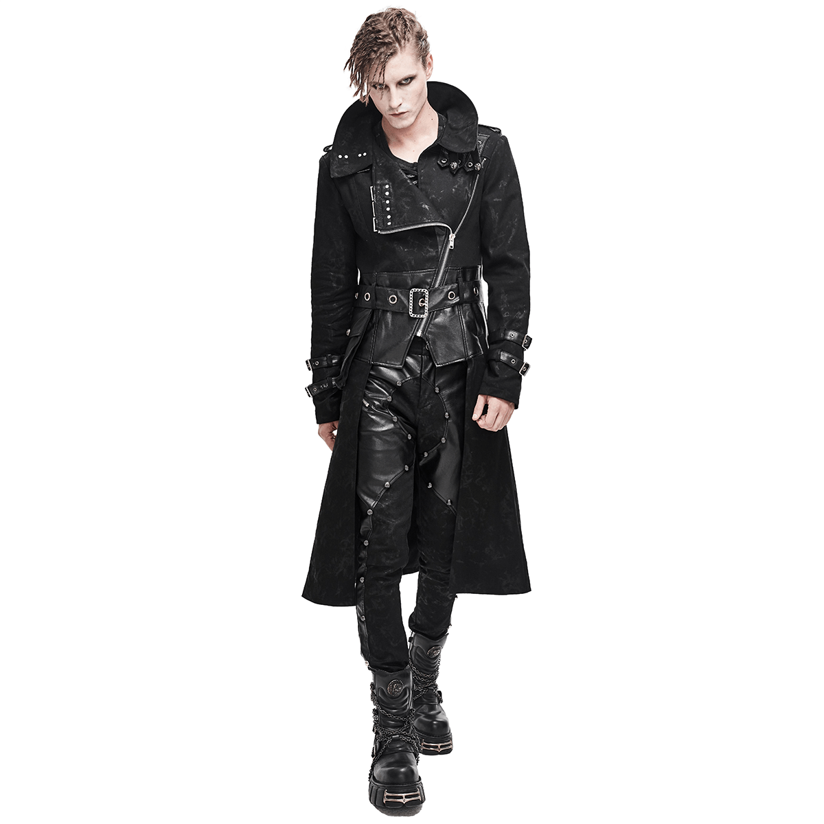 Gothic Punk Long Trench Coat With Pocket / Men's Assymetrical Coat With Zipper and Buckles - HARD'N'HEAVY