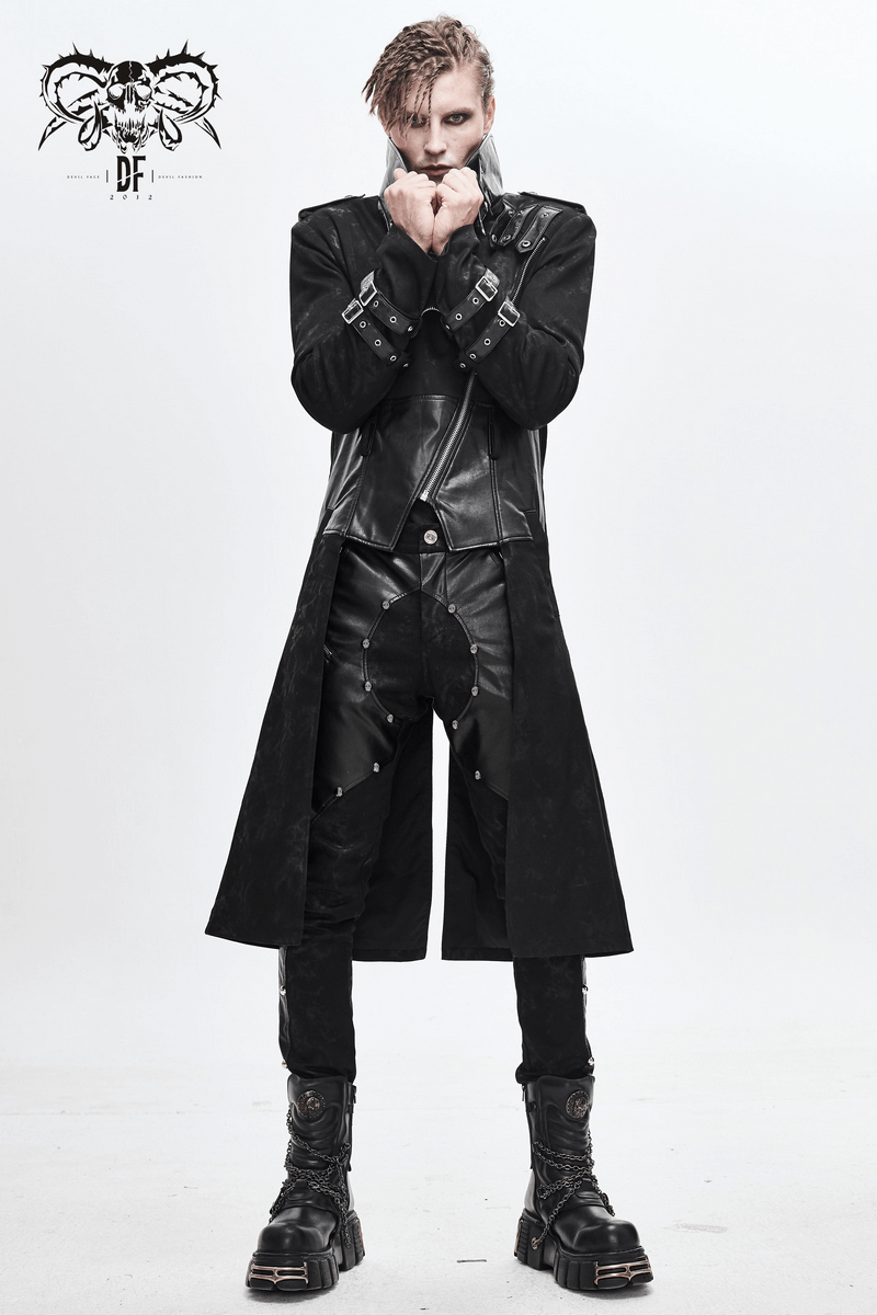 Men's gothic punk long trench coat with buckles and rivets, showcasing edgy style and bold fashion.