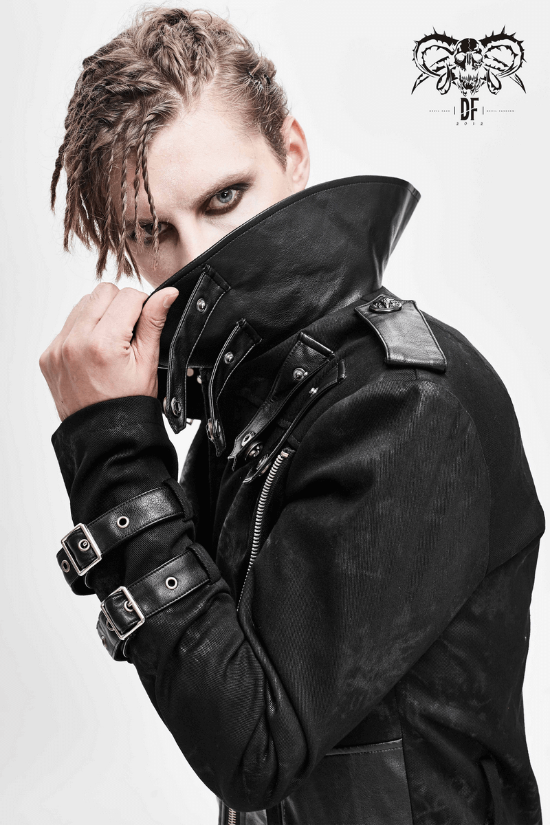 Men's gothic punk trench coat with zipper and buckles, showcasing a stylish black design and edgy vintage cut.