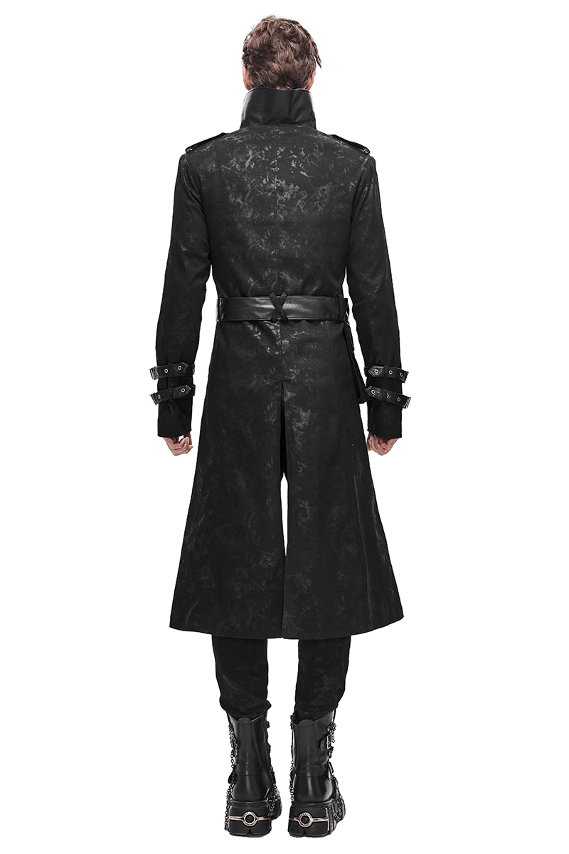 Men's gothic punk black trench coat with asymmetrical design, back view showcasing style and details.