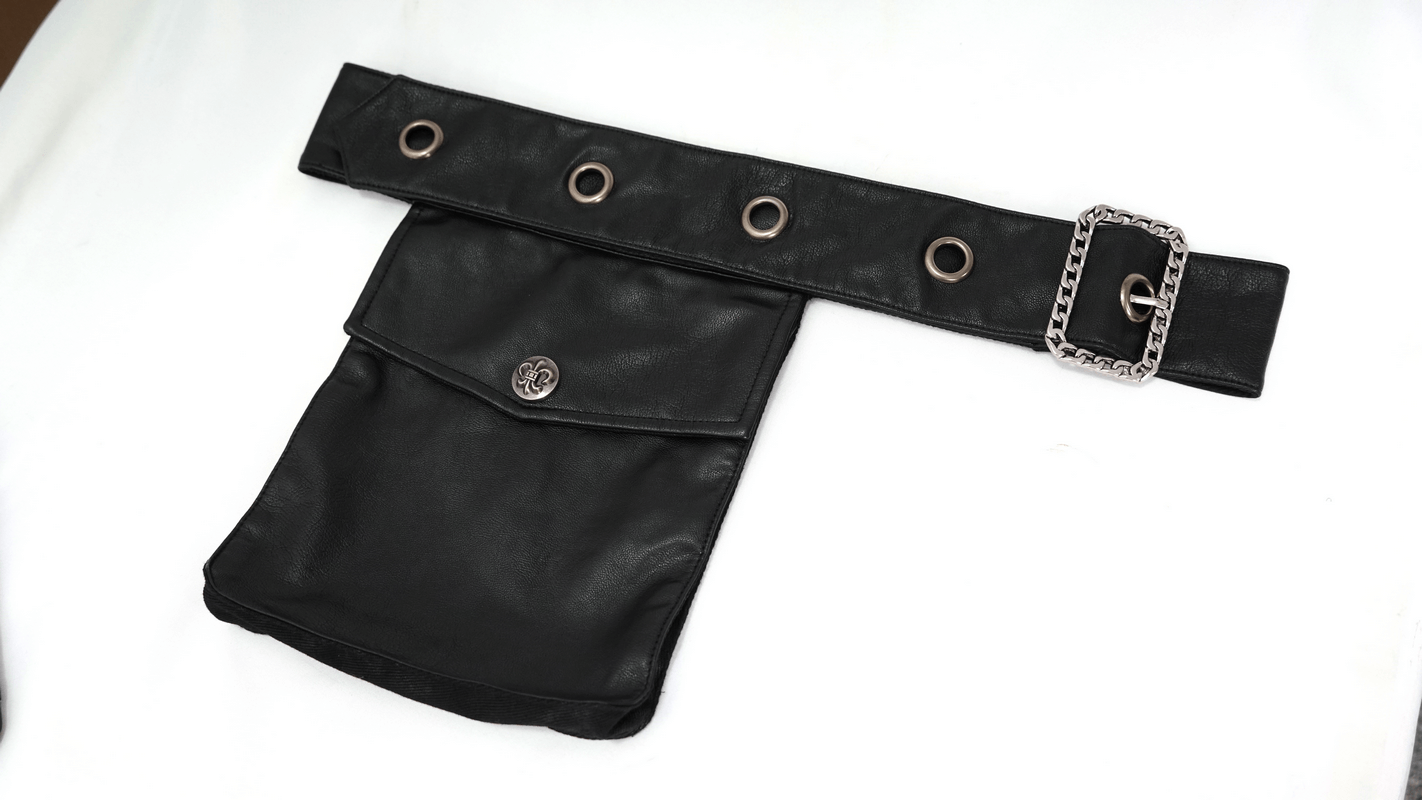 Black leather belt bag with silver accents and snap closure, perfect for a punk-inspired fashion statement.