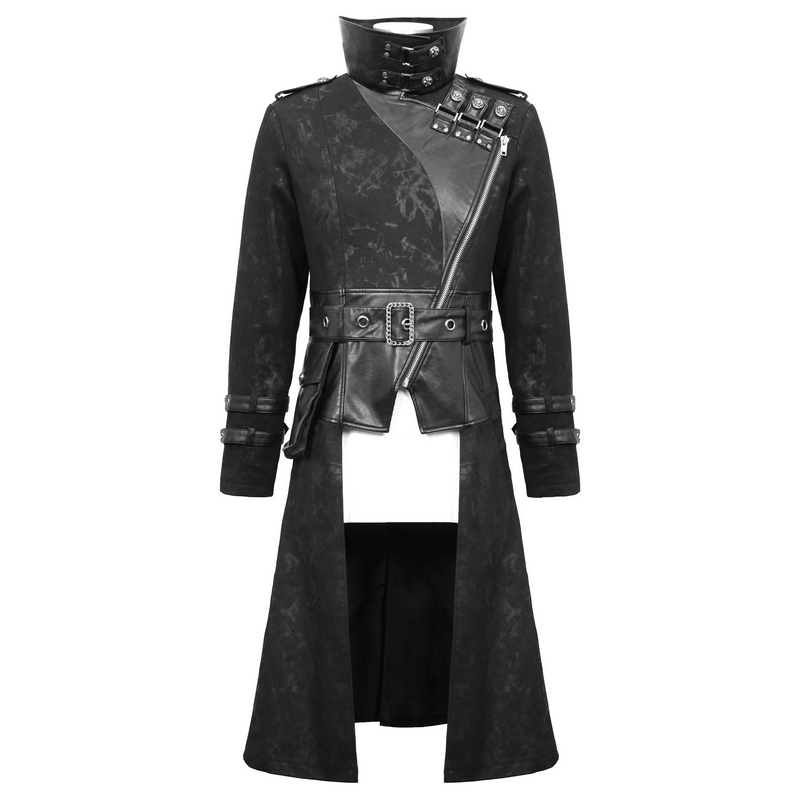 Gothic punk long trench coat for men featuring asymmetrical design, zipper, and buckles, in black with unique detailing.
