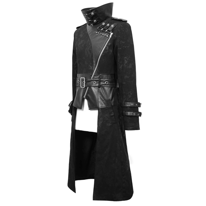 Stylish men's gothic punk long trench coat in black, featuring silver rivets, asymmetrical cut, and edgy buckle details.