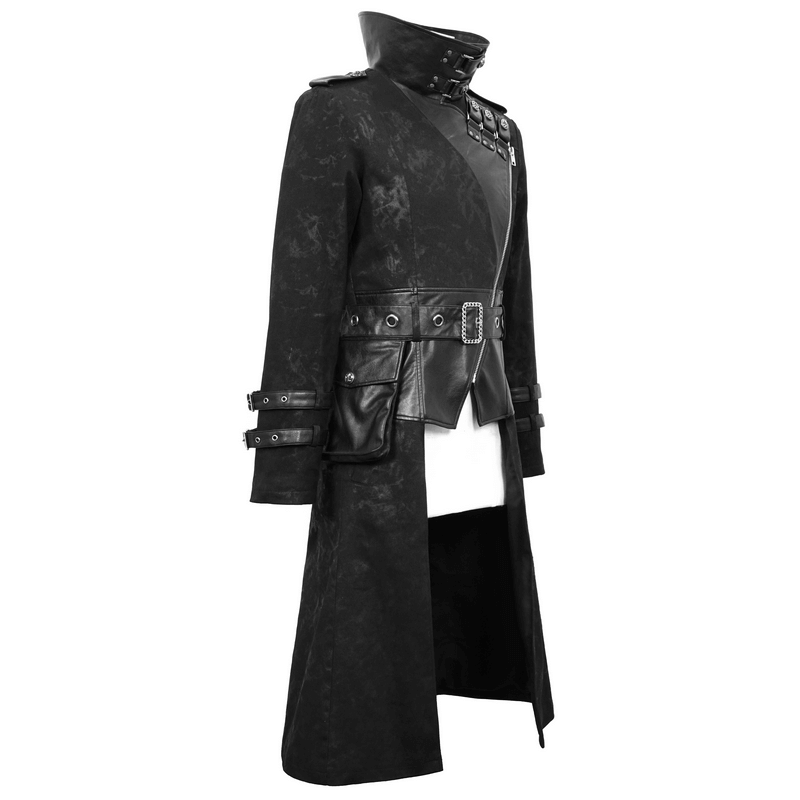 Men's Gothic punk black long trench coat featuring asymmetrical design, pockets, zippers, and metal accents.