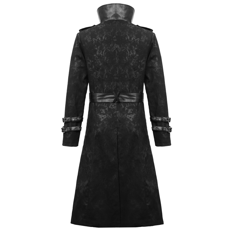 Back view of a black Gothic punk long trench coat with zipper, buckles, and stylish silver rivets.