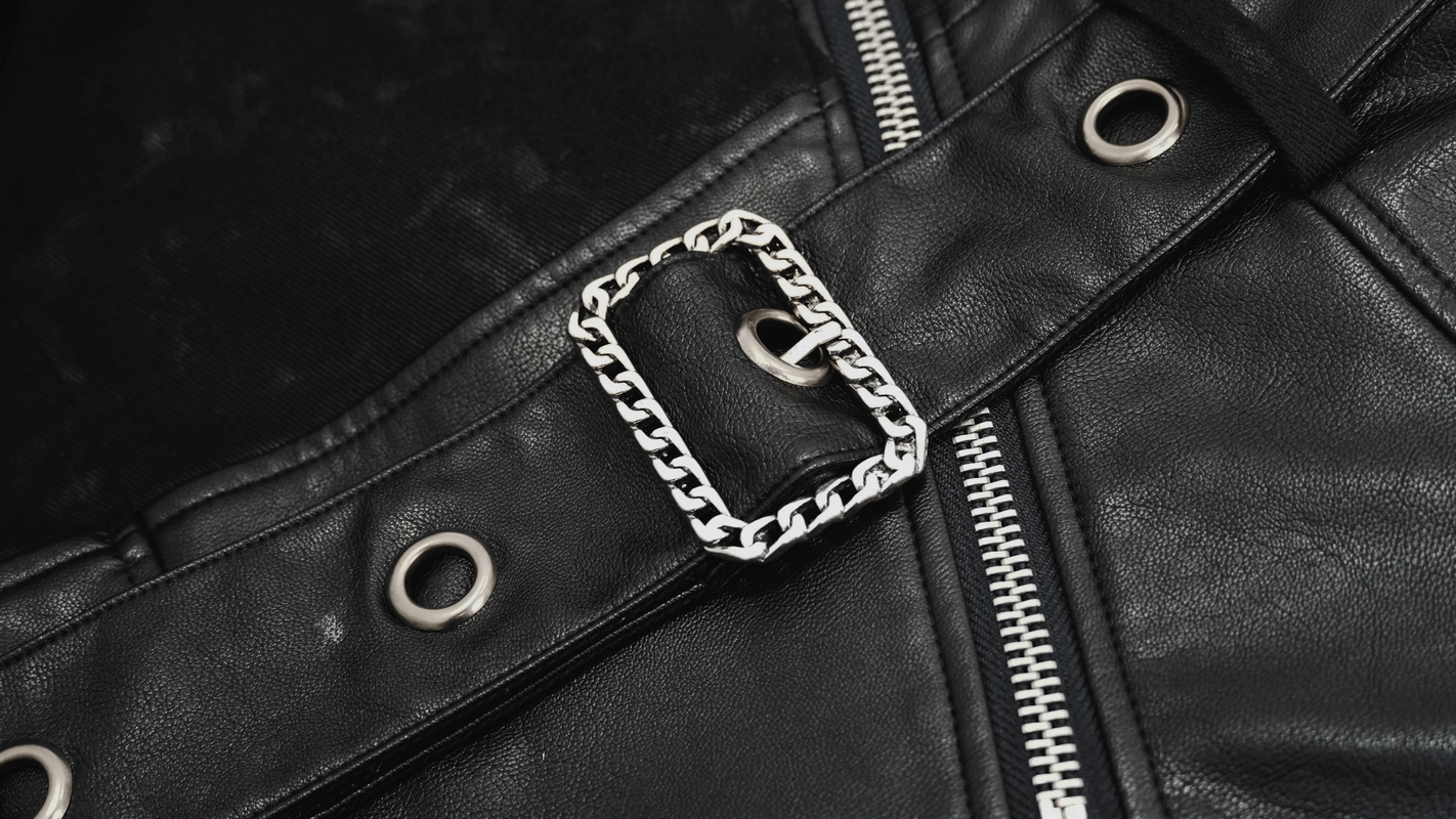 Close-up of silver chain buckle on a black Gothic punk trench coat, showcasing stylish hardware details.