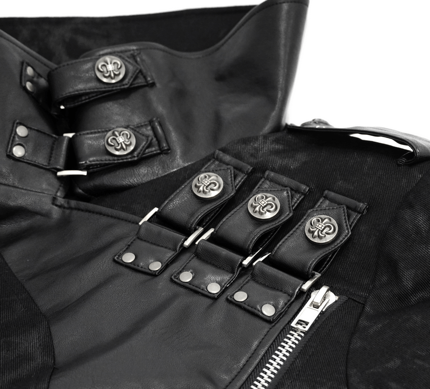 Close-up of the stylish buckles and zipper detail on a Gothic punk long trench coat for men.