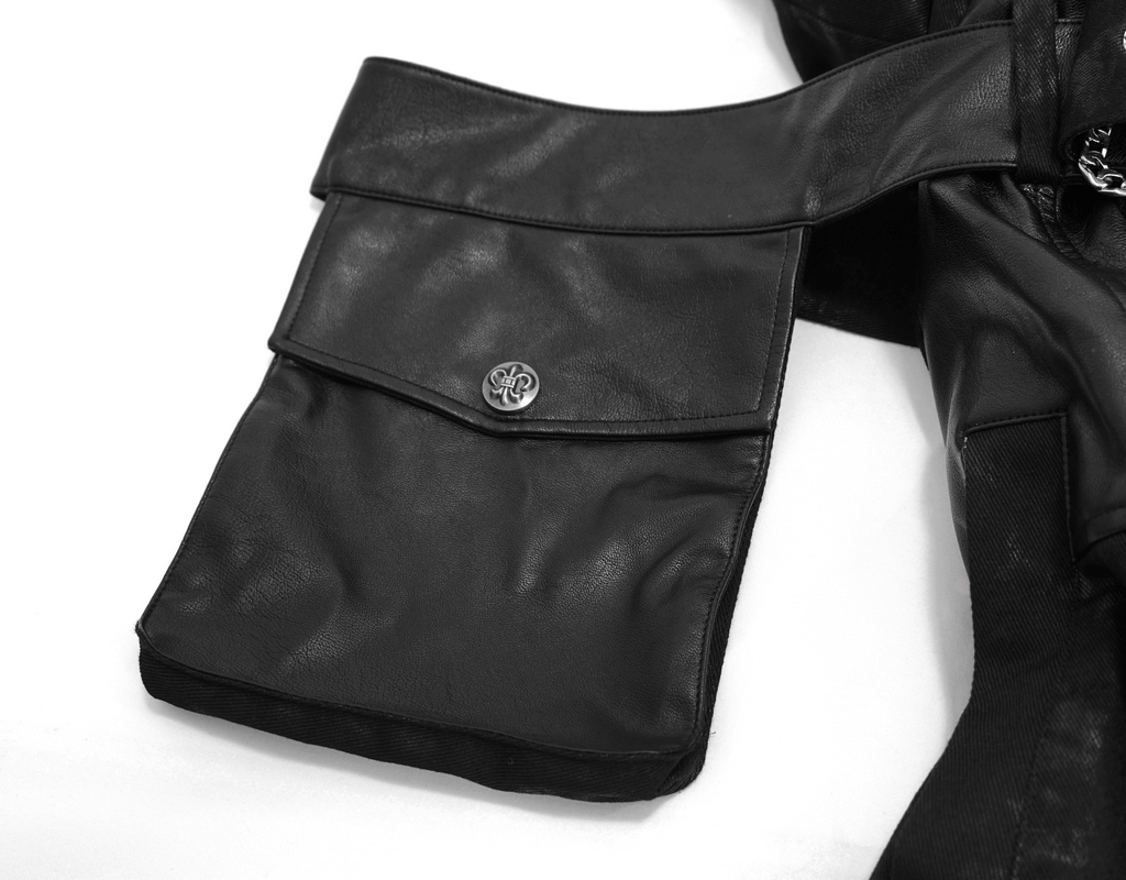Black leather pocket detail on a gothic punk trench coat, showcasing stylish design and functionality.