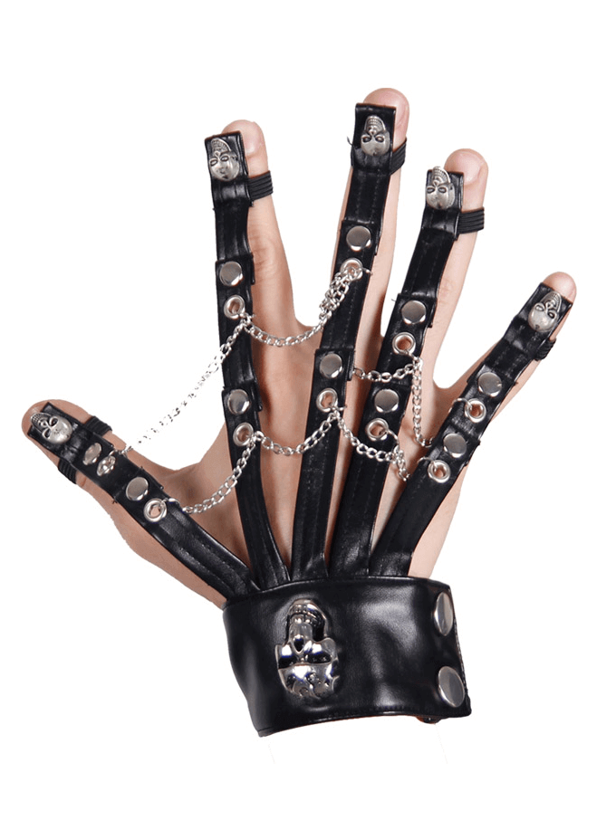 Gothic punk men's faux leather glove featuring skulls and chains, perfect for alternative fashion accessories.