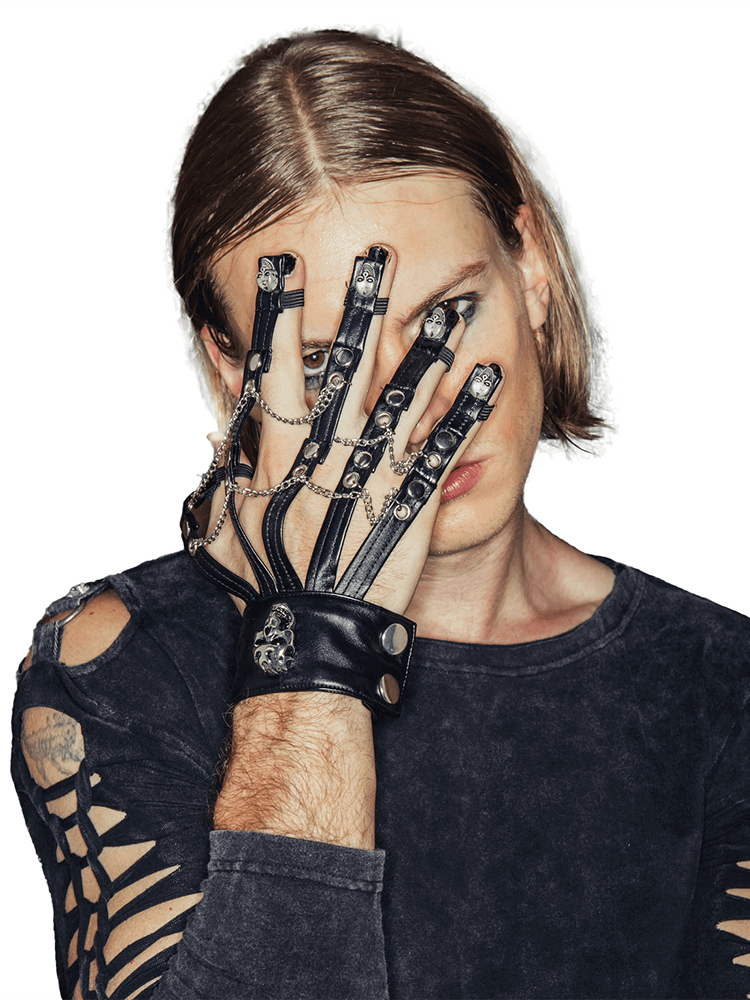 Gothic punk men's faux leather gloves with skulls and chains, perfect for alternative fashion outfits.