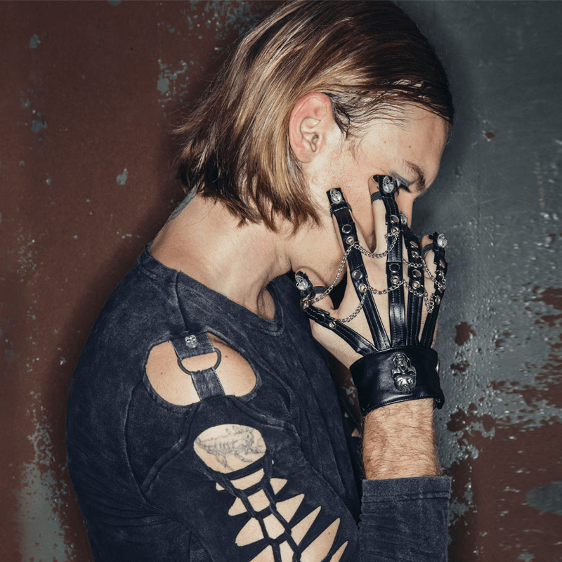 Gothic punk men's faux leather gloves with skulls, showcasing edgy alternative fashion style.