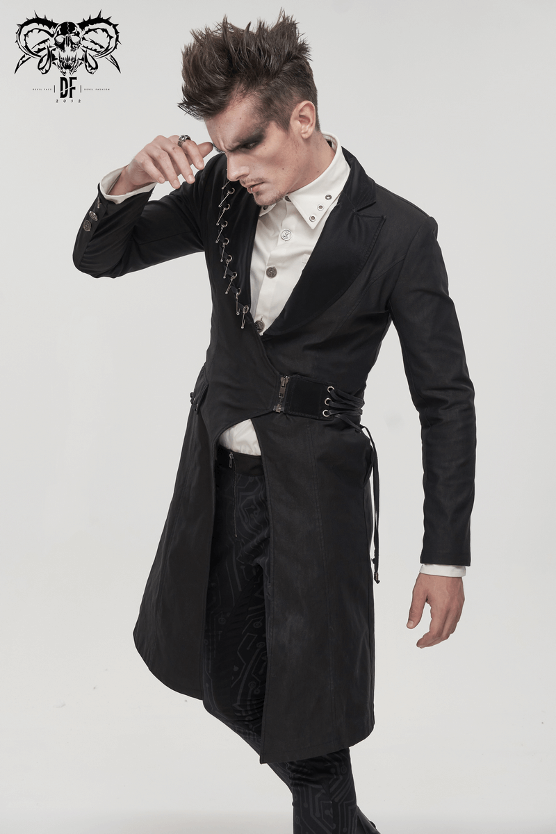 Gothic Punk Mid-Length Black Coat / Men's Slim fit Coat With Pins and Lace-up - HARD'N'HEAVY