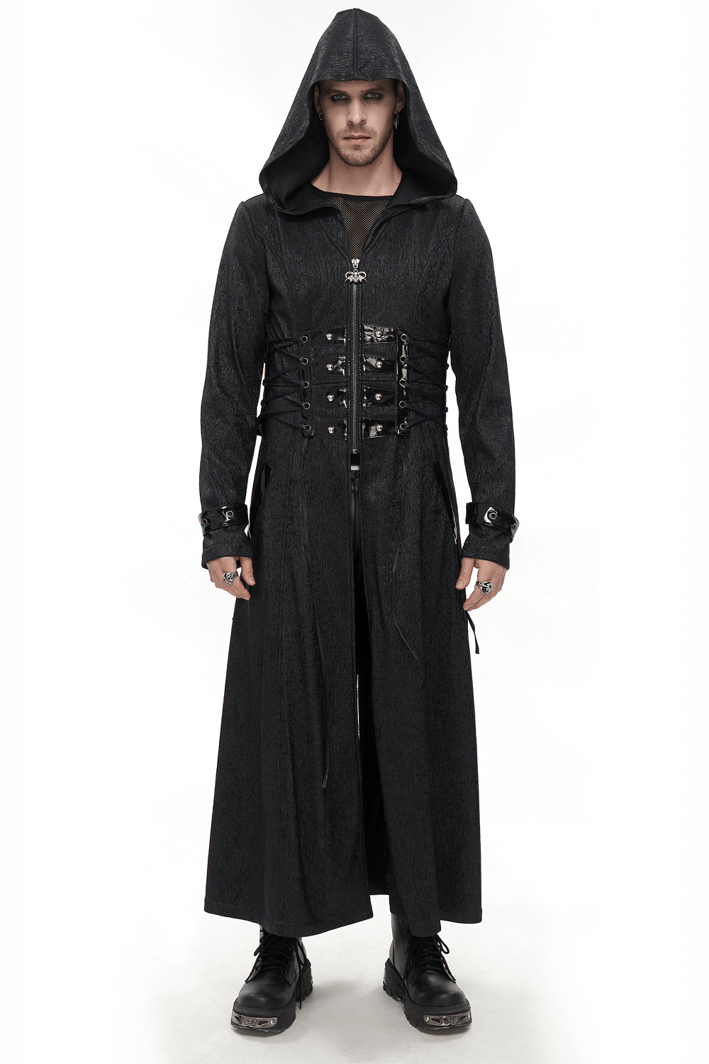 Gothic punk men’s hooded long coat with lace-up waist accents and zipper, perfect for a stylish statement.