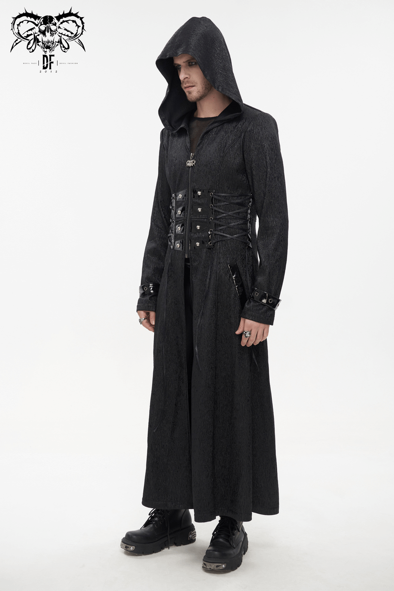 Men's Gothic Punk Rivet Hooded Long Coat with lace-up waist accents in black, perfect for stylish punk wardrobes.
